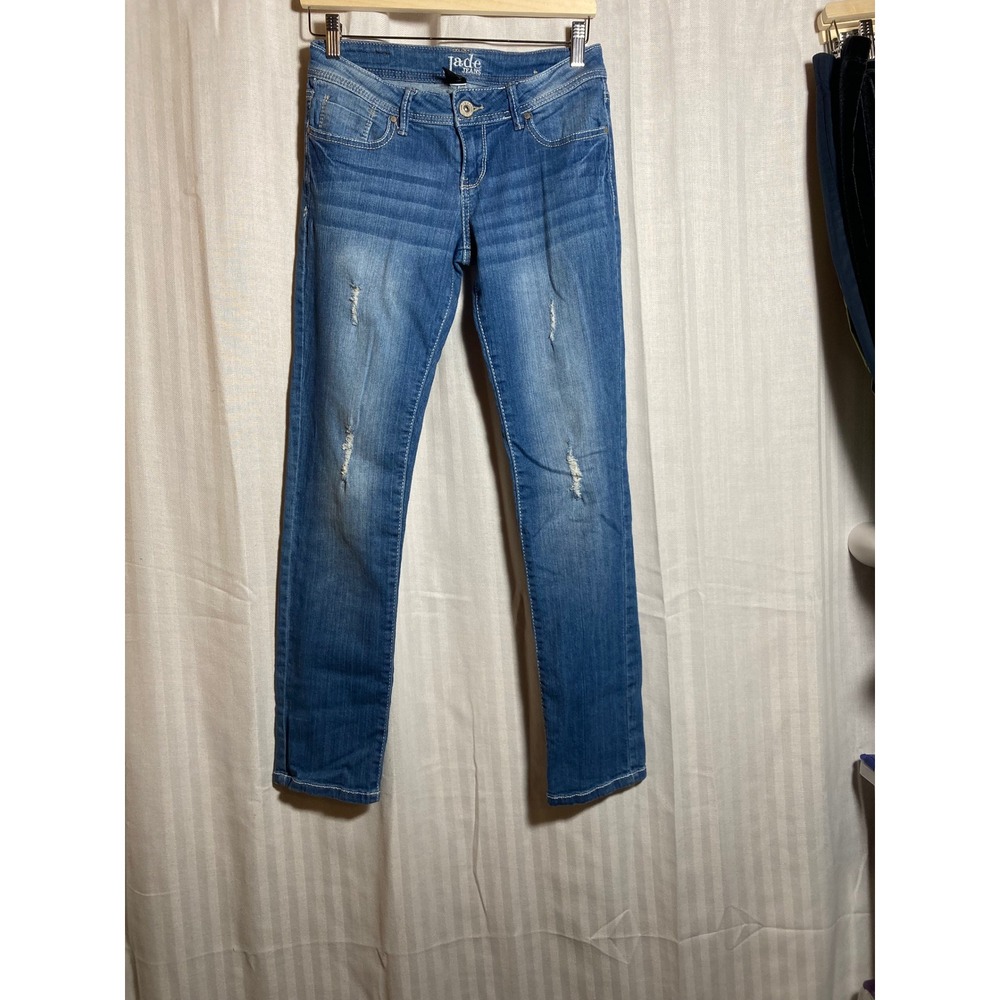 Jade Jeans Womens 5/6 Medium Wash Distressed Skinny Denim Embellished‎ Low Rise